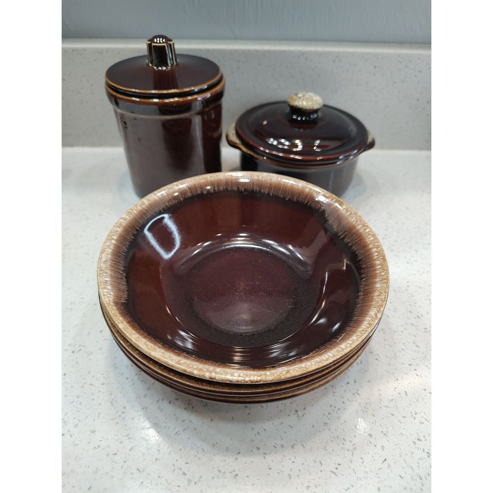 Lot Of‎ 5 Vintage  Ovenproof Brown Drip Glaze Pottery Mixed Lot Unmarked